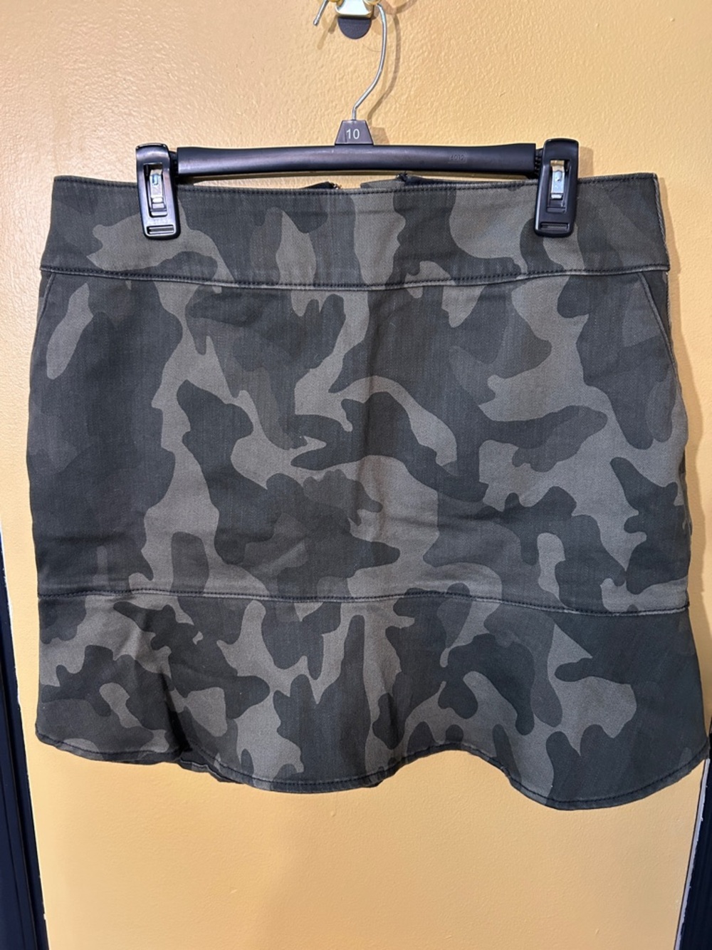 White House Black Market Camouflage Mini Skirt in Olive and Dark Green